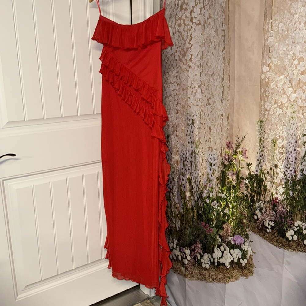 Strapless Red Ruffle Maxi Dress - Picture 6 of 7